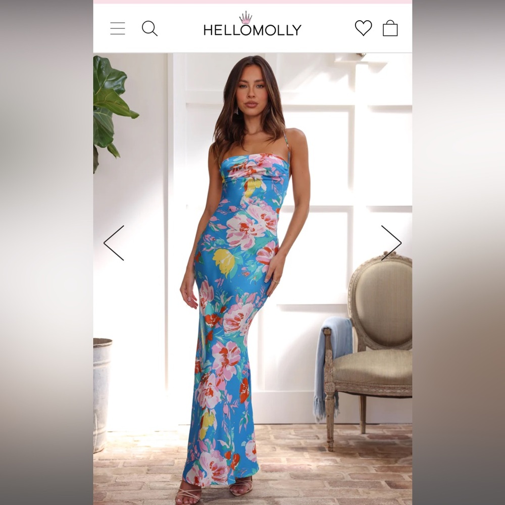 HELLO MOLLY TROPICS IN BLOOM SATIN MAXI DRESS BLUE